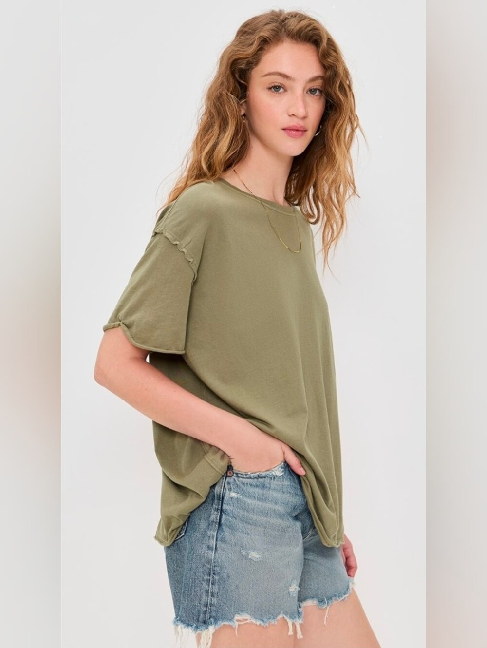 We The Free Olive Green Nina Raw-Edge Short Sleeve Tee Size Size XL